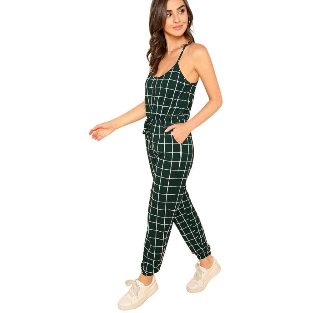 🟩 Dark Green Plaid Jumpsuit Playsuit Grid Pattern Geometric Stripe Cut Out Back